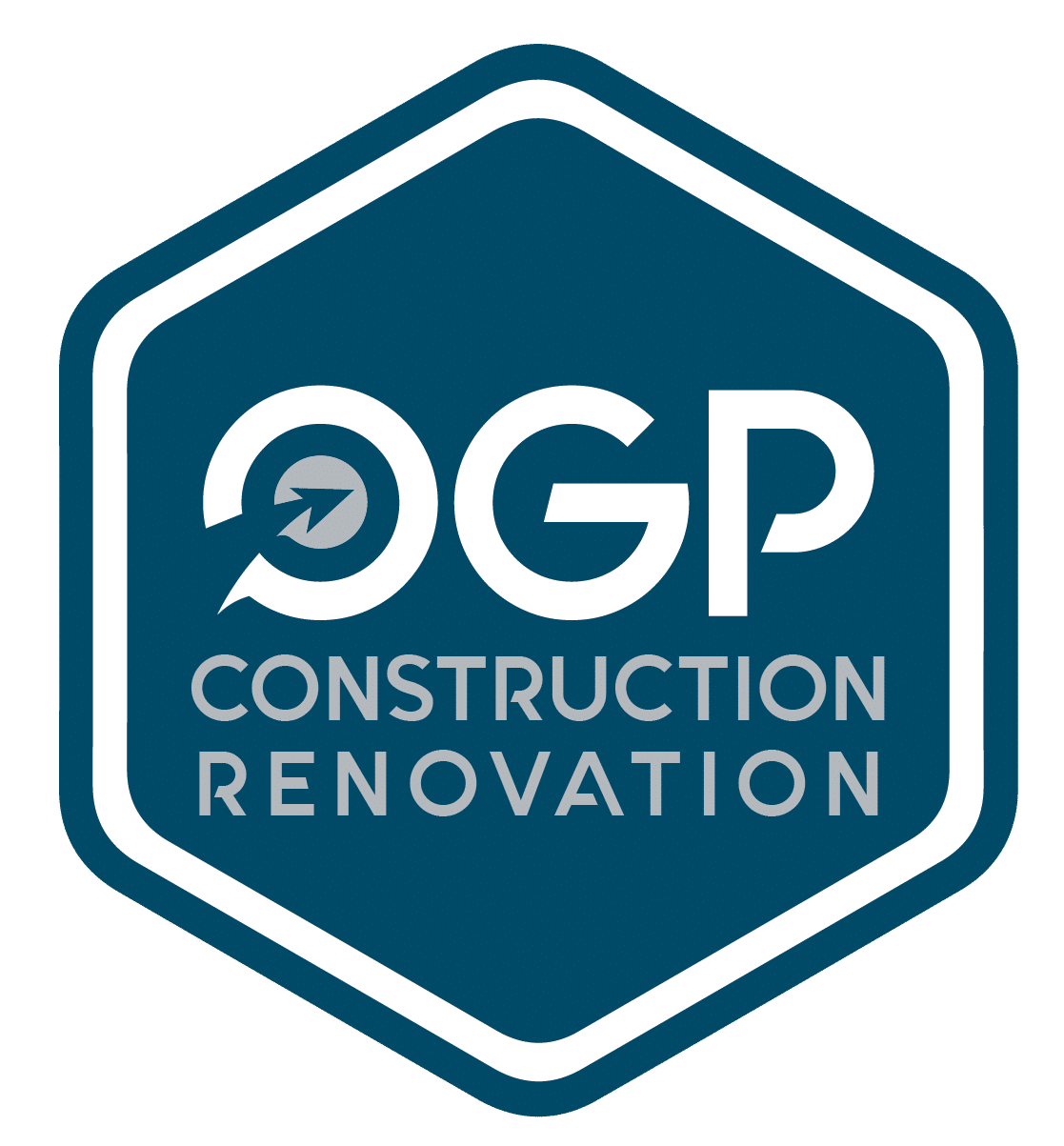 Logo OGP Construction Rénovation: Un hexagone bleu-gris foncé avec bordure blanche, texte OGP blanc et flèche circulaire, mots CONSTRUCTION RENOVATION en gris.